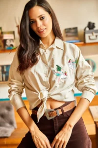 Olalook Women's Stone Bird Sequin Detailed Woven Boyfriend Shirt - Image 7