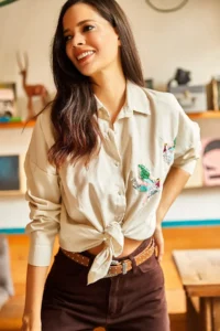 Olalook Women's Stone Bird Sequin Detailed Woven Boyfriend Shirt - Image 8
