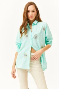 Olalook Women's Water Green Sequin Detailed Woven Boyfriend Shirt - Image 2