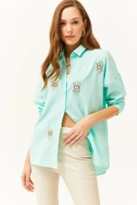Olalook Women's Water Green Sequin Detailed Woven Boyfriend Shirt - Image 3