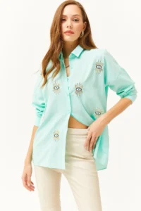 Olalook Women's Water Green Sequin Detailed Woven Boyfriend Shirt - Image 4
