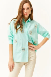 Olalook Women's Water Green Sequin Detailed Woven Boyfriend Shirt - Image 5