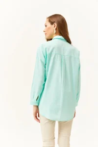 Olalook Women's Water Green Sequin Detailed Woven Boyfriend Shirt - Image 6