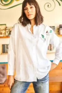 Olalook Women's White Bird Sequin Detailed Woven Boyfriend Shirt - Image 3