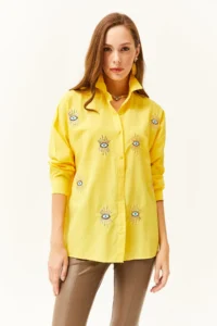 Olalook Women's Yellow Sequin Detailed Woven Boyfriend Shirt - Image 2