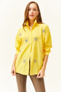 Olalook Women's Yellow Sequin Detailed Woven Boyfriend Shirt - Image 3