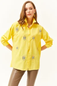 Olalook Women's Yellow Sequin Detailed Woven Boyfriend Shirt - Image 4