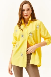 Olalook Women's Yellow Sequin Detailed Woven Boyfriend Shirt - Image 5