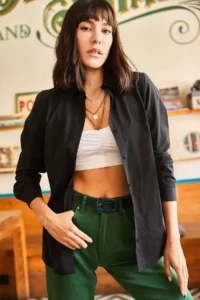 Olalook Women's Black Basic Woven Poplin Shirt - Image 3
