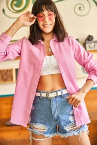 Olalook Women's Candy Pink Basic Woven Poplin Shirt - Image 2