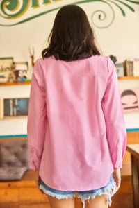 Olalook Women's Candy Pink Basic Woven Poplin Shirt - Image 5