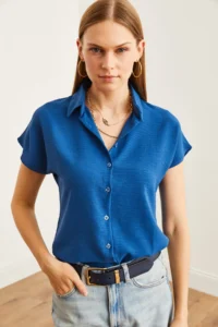 Olalook Women's Indigo Bat Woven Bodrum Shirt - Image 3