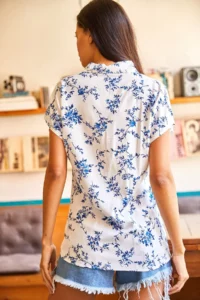 Olalook Women's White Blue Patterned Bat Woven Viscose Shirt - Image 2