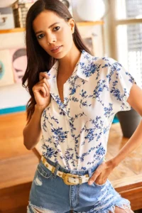 Olalook Women's White Blue Patterned Bat Woven Viscose Shirt - Image 3