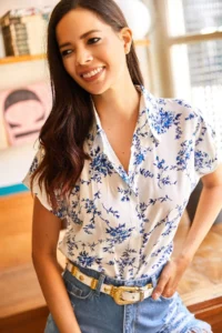 Olalook Women's White Blue Patterned Bat Woven Viscose Shirt - Image 4