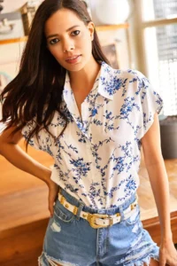 Olalook Women's White Blue Patterned Bat Woven Viscose Shirt - Image 5
