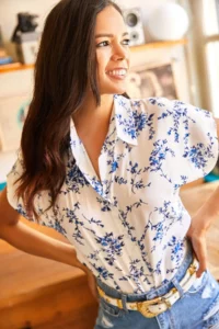 Olalook Women's White Blue Patterned Bat Woven Viscose Shirt - Image 7