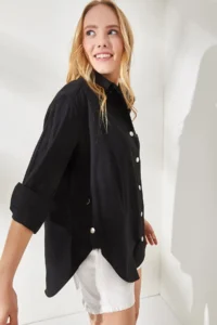 Olalook Women's Black Side Button Detailed Oversize Woven Shirt