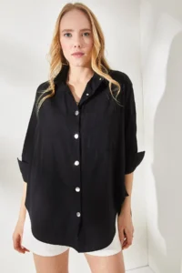 Olalook Women's Black Side Button Detailed Oversize Woven Shirt - Image 2