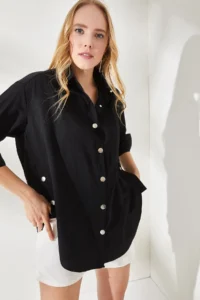 Olalook Women's Black Side Button Detailed Oversize Woven Shirt - Image 3
