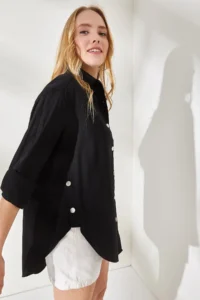 Olalook Women's Black Side Button Detailed Oversize Woven Shirt - Image 4
