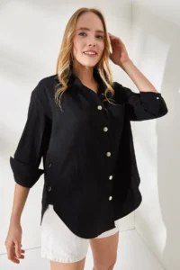 Olalook Women's Black Side Button Detailed Oversize Woven Shirt - Image 5