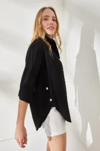 Olalook Women's Black Side Button Detailed Oversize Woven Shirt - Image 6