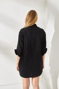 Olalook Women's Black Side Button Detailed Oversize Woven Shirt - Image 7