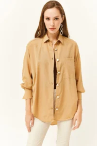 Olalook Women's Camel Side Button Detailed Oversize Woven Shirt - Image 2