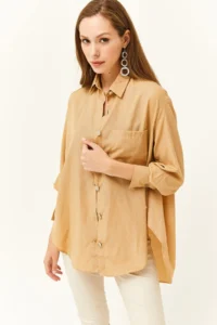 Olalook Women's Camel Side Button Detailed Oversize Woven Shirt - Image 3