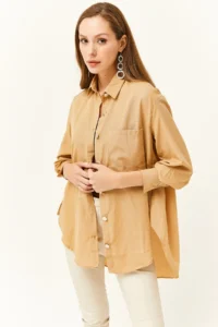 Olalook Women's Camel Side Button Detailed Oversize Woven Shirt - Image 4