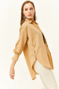 Olalook Women's Camel Side Button Detailed Oversize Woven Shirt - Image 5