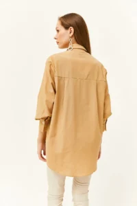 Olalook Women's Camel Side Button Detailed Oversize Woven Shirt - Image 6