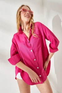 Olalook Women's Fuchsia Side Button Detailed Oversize Woven Shirt - Image 2