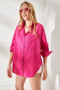 Olalook Women's Fuchsia Side Button Detailed Oversize Woven Shirt - Image 3