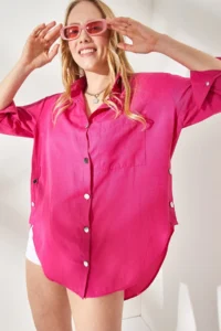 Olalook Women's Fuchsia Side Button Detailed Oversize Woven Shirt - Image 4