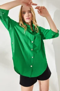 Olalook Women's Grass Green Oversize Woven Shirt with Button Detail on the Sides