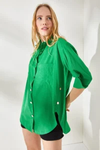 Olalook Women's Grass Green Oversize Woven Shirt with Button Detail on the Sides - Image 2