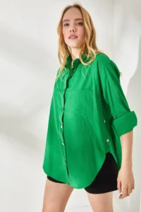 Olalook Women's Grass Green Oversize Woven Shirt with Button Detail on the Sides - Image 3