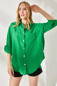 Olalook Women's Grass Green Oversize Woven Shirt with Button Detail on the Sides - Image 4