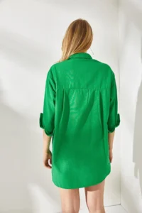 Olalook Women's Grass Green Oversize Woven Shirt with Button Detail on the Sides - Image 5