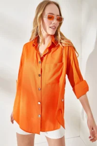 Olalook Women's Orange Side Button Detailed Oversize Woven Shirt