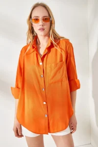 Olalook Women's Orange Side Button Detailed Oversize Woven Shirt - Image 2