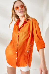 Olalook Women's Orange Side Button Detailed Oversize Woven Shirt - Image 3
