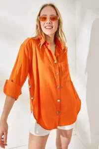 Olalook Women's Orange Side Button Detailed Oversize Woven Shirt - Image 4