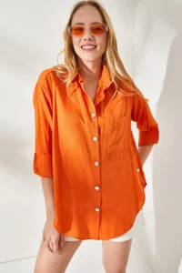 Olalook Women's Orange Side Button Detailed Oversize Woven Shirt - Image 6