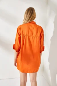 Olalook Women's Orange Side Button Detailed Oversize Woven Shirt - Image 7