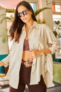 Olalook Women's Stone Side Button Detailed Oversize Woven Shirt - Image 4
