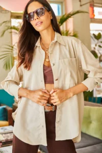 Olalook Women's Stone Side Button Detailed Oversize Woven Shirt - Image 5