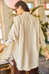 Olalook Women's Stone Side Button Detailed Oversize Woven Shirt - Image 6